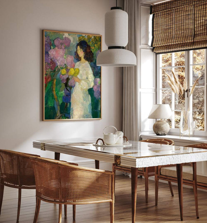 Enchanting GIRL IN THE GARDEN artwork, bringing beauty and tranquility to any space with vibrant floral elements.