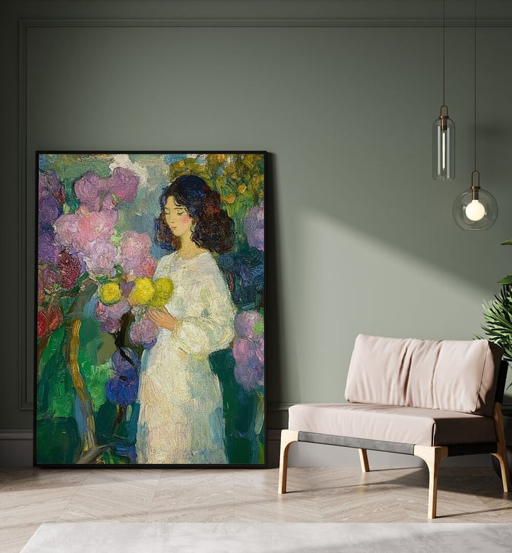 Enchanting art piece, GIRL IN THE GARDEN, captures nature's beauty and tranquility for your space.