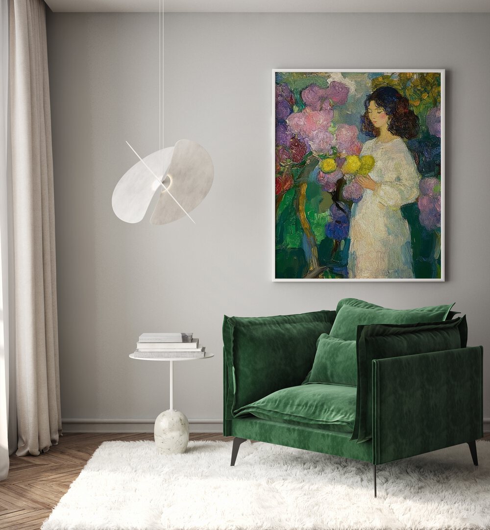 Enchanting artwork, GIRL IN THE GARDEN, adds beauty and tranquility to any space with floral elegance.