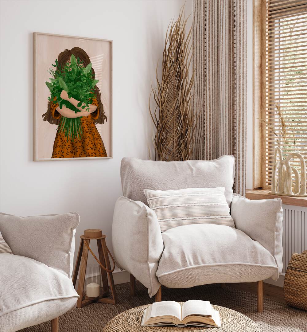 Charming GIRL WITH POSY, KIDS ROOM PAINTINGS adding a touch of greenery to a cozy children's space. Perfect for decor!