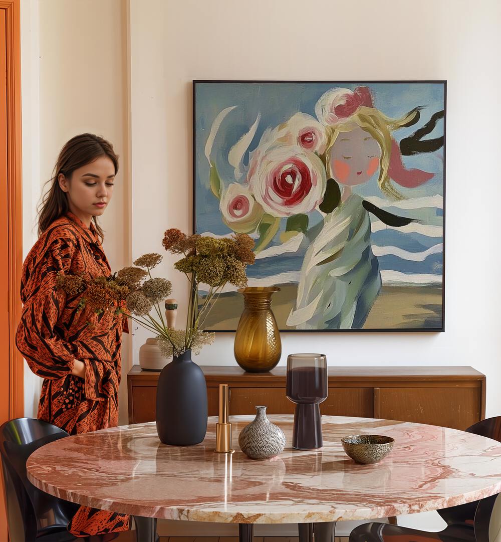Elegant GIRL WITH ROSES artwork enhances a modern living space with beauty and romance, perfect for art lovers.
