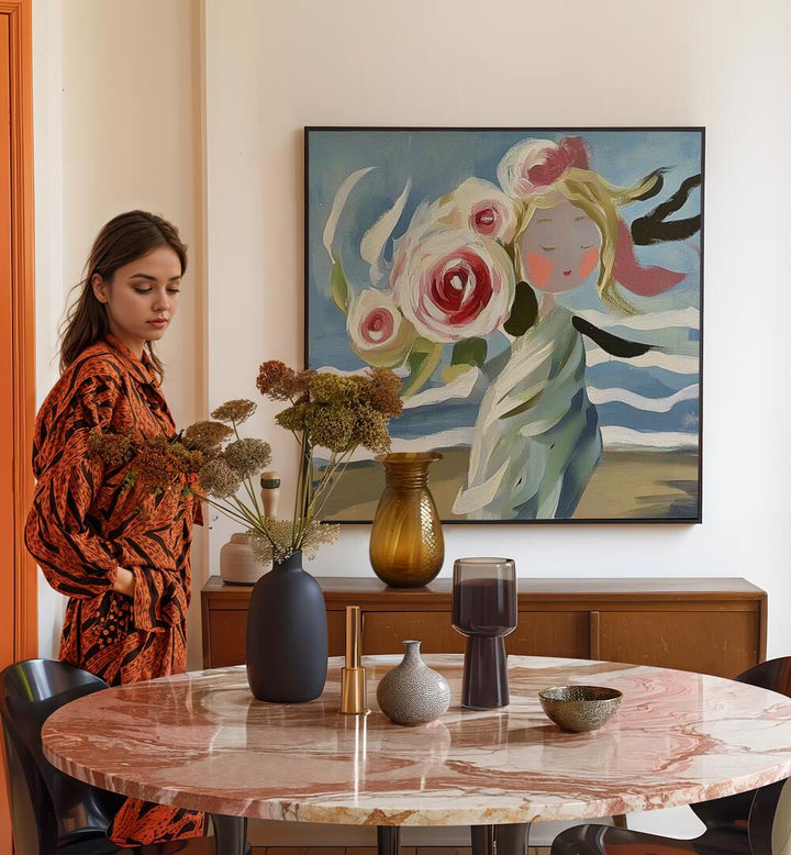 Elegant GIRL WITH ROSES artwork enhances a modern living space with beauty and romance, perfect for art lovers.