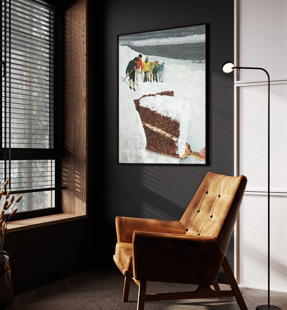 Glacier Calving Cake - Dessert Snow Mountain Surreal Painting, Surreal Art Artwork in Black Plain Frame in the Drawing Room