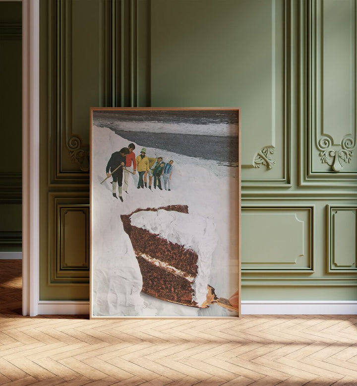 Glacier Calving Cake - Dessert Snow Mountain Surreal Painting, Surreal Art Artwork in Oak Wood Plain Frame Placed in the Living Room