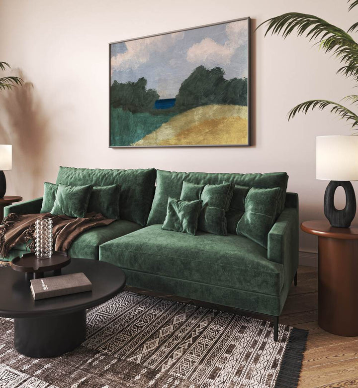Stunning GLIMPSE Landscape Paintings enhance a cozy living room, showcasing serene natural beauty and tranquility.