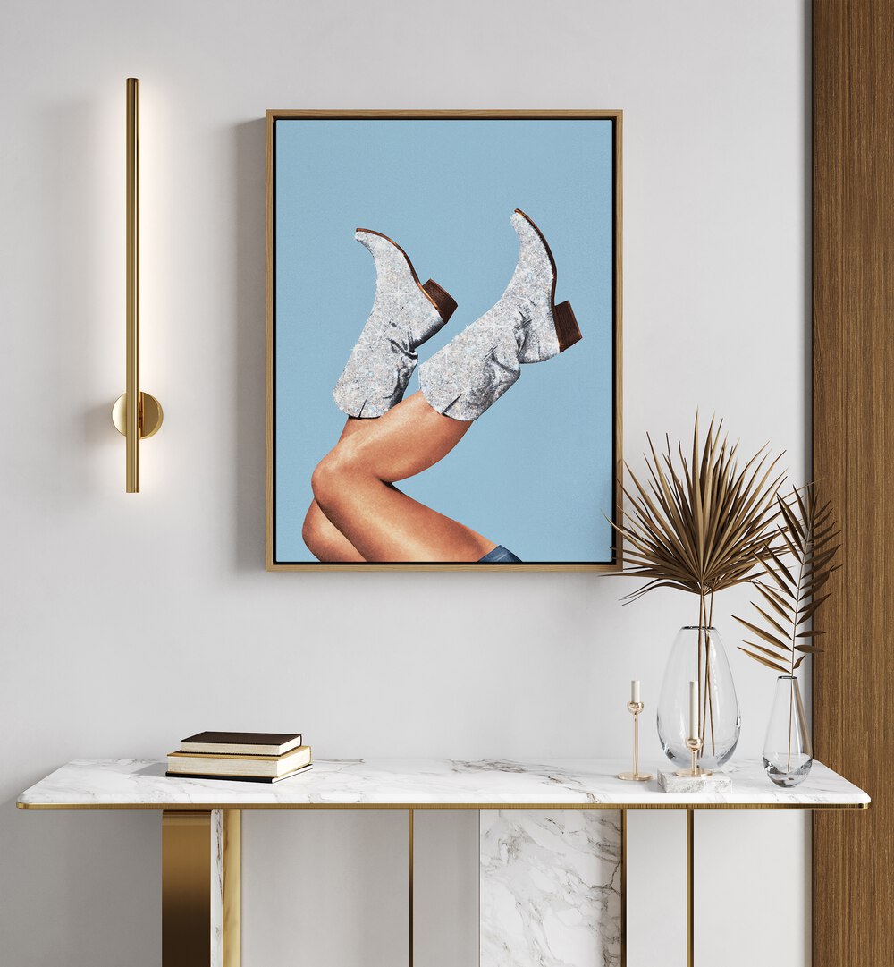 Glitter Boots Blue II Party Surreal Art Painting Artwork in oakwood floater frame above a table on a white wall