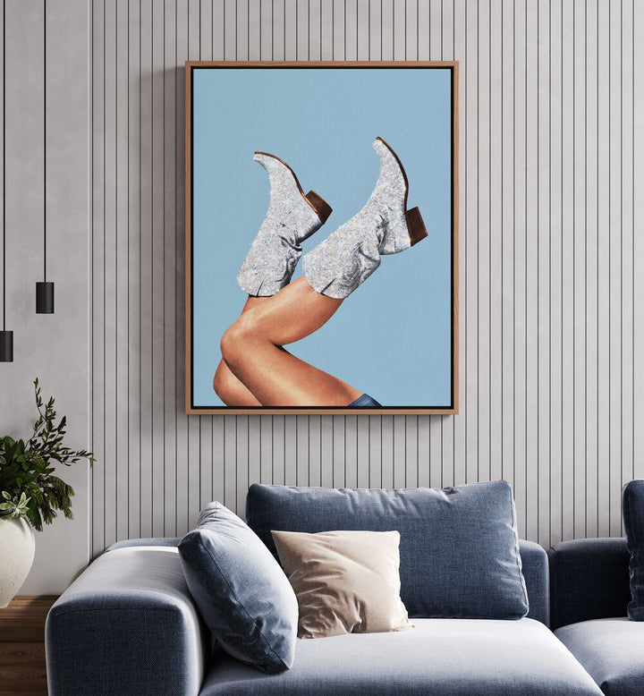 Glitter Boots Blue II Party Surreal Art Painting Artwork in oakwood floater frame behind a sofa on a white wall