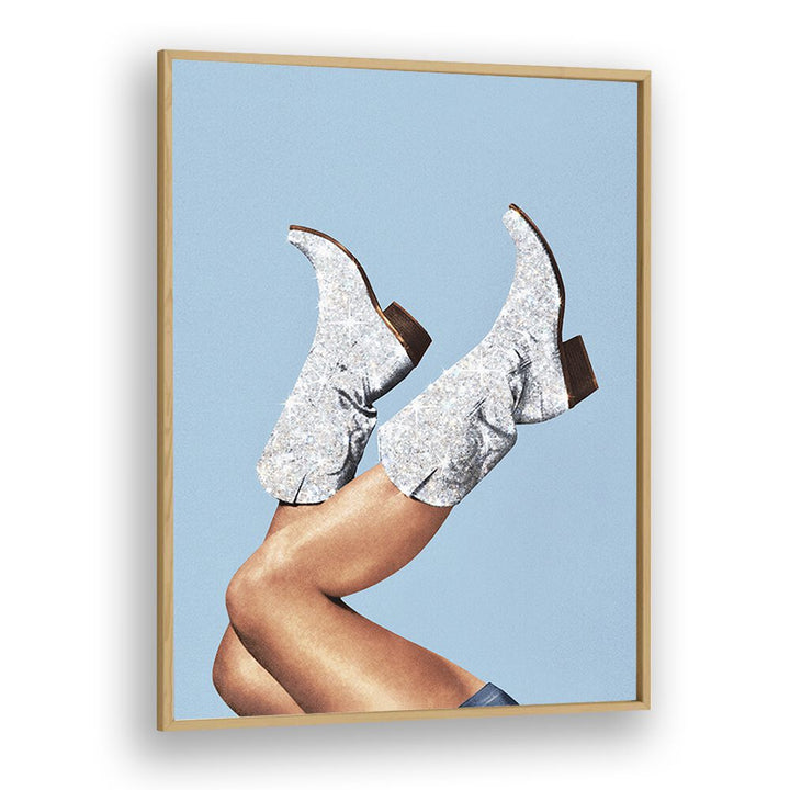 Glitter Boots Blue II Surreal Painting  Artwork in Oak Wood Floater Frame