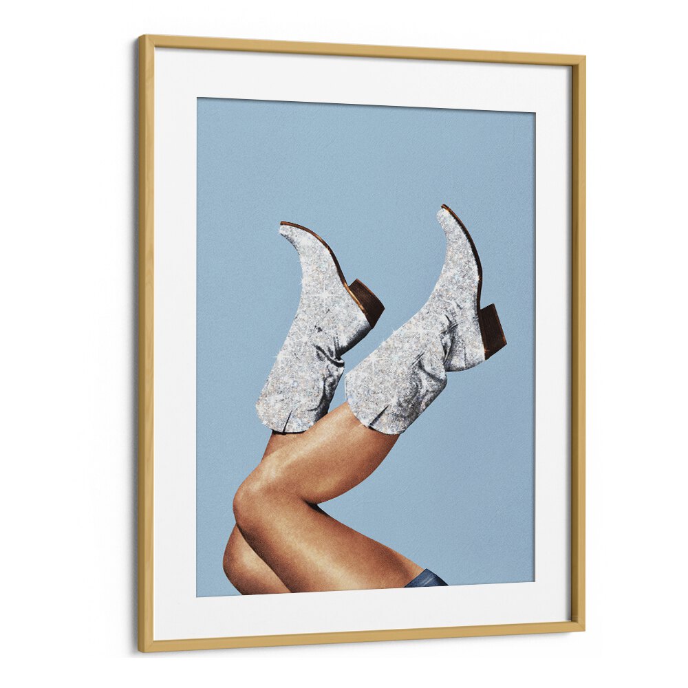 Glitter Boots Blue II Surreal Painting  Artwork in Oak Wood Frame With Mount