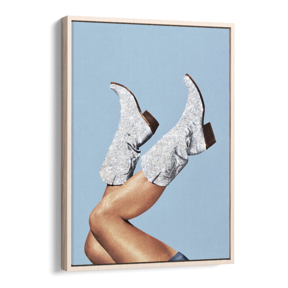 Glitter Boots Blue II Surreal Painting Artwork in Oak Wood Plain Frame