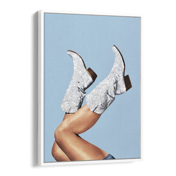 Glitter Boots Blue II Surreal Painting Artwork  in White Floater Frame
