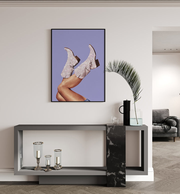 Glitter Boots-winkle Surreal Art Painting Artwork in plain black frame above a table on a white wall