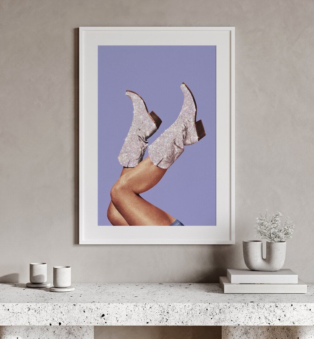 Glitter Boots-winkle Surreal Art Painting Artwork in white frame with mount above a table on a white wall