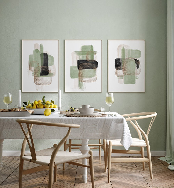 GLITTER GREEN SET , SET OF 3 PAINTINGS