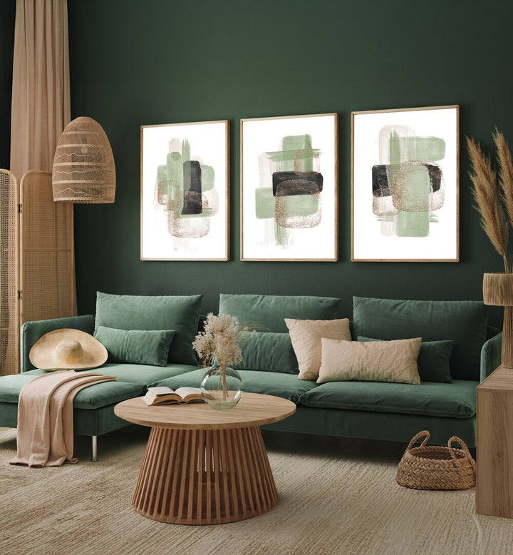 GLITTER GREEN SET , SET OF 3 PAINTINGS