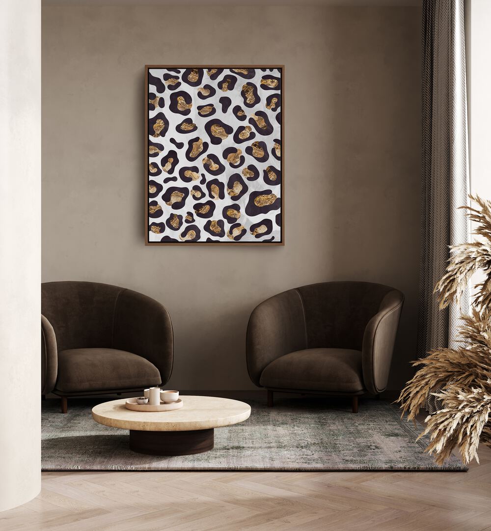 Gold Black Leopard Print Fashion Art  Artwork in Gallery Wrap Artwork Placed on a wall In A Living Room 
