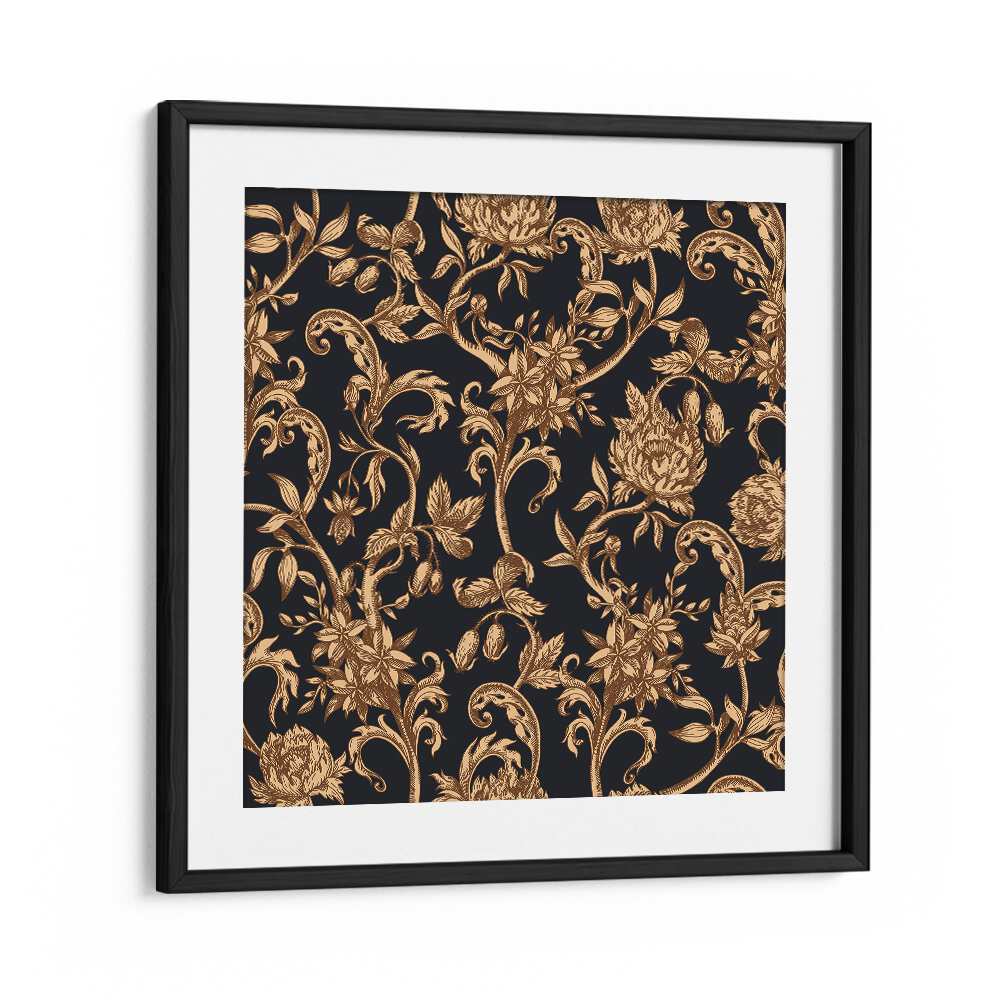 Golden And Black Flower Botanical Art Print Artwork in Black Frame With Mount