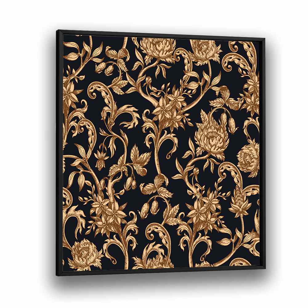 Golden And Black Flower Botanical Art Print Artwork in Black Plain Frame