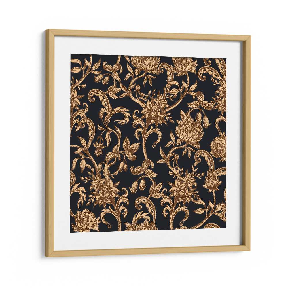 Golden And Black Flower Botanical Art Print Artwork in Oak Wood Frame With Mount