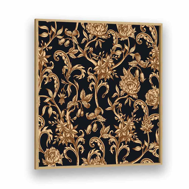 Golden And Black Flower Botanical Art Print Artwork in Oak Wood Plain Frame