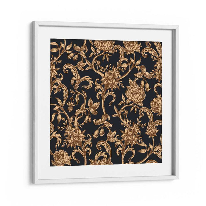 Golden And Black Flower Botanical Art Print Artwork in White Frame With Mount