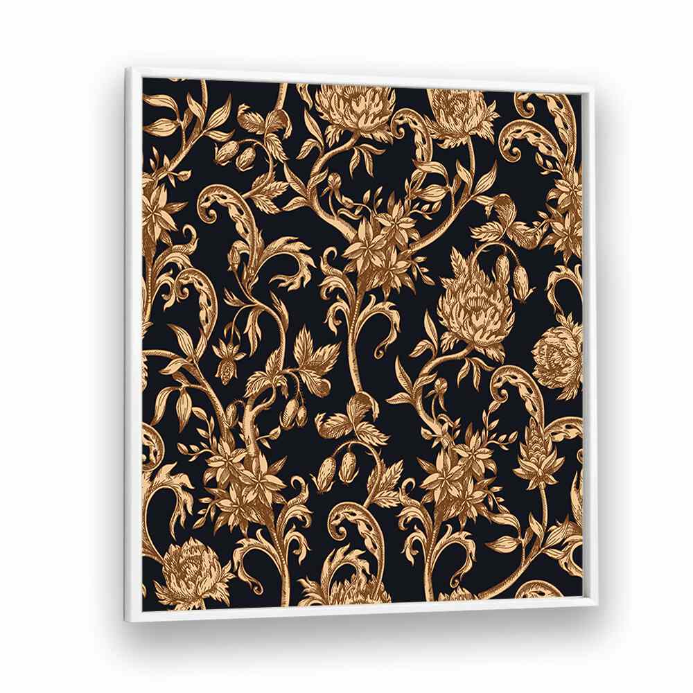 Golden And Black Flower Botanical Art Print Artwork in White Plain Frame