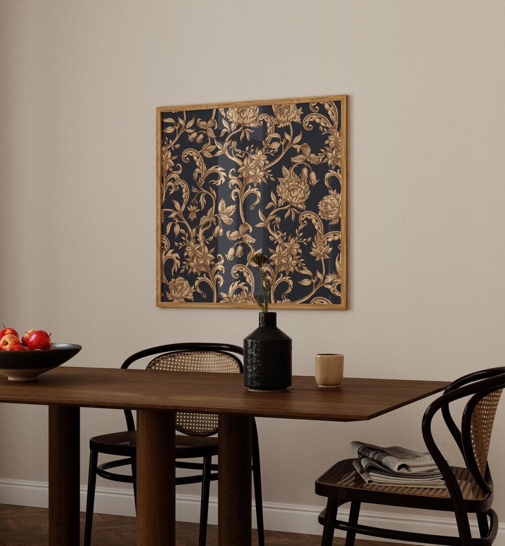 Golden And Black Flower Botanical art painting Artwork Placed on a wall