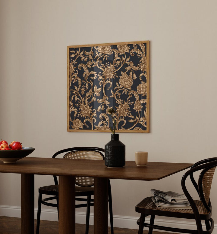 Golden And Black Flower Botanical art painting Artwork Placed on a wall