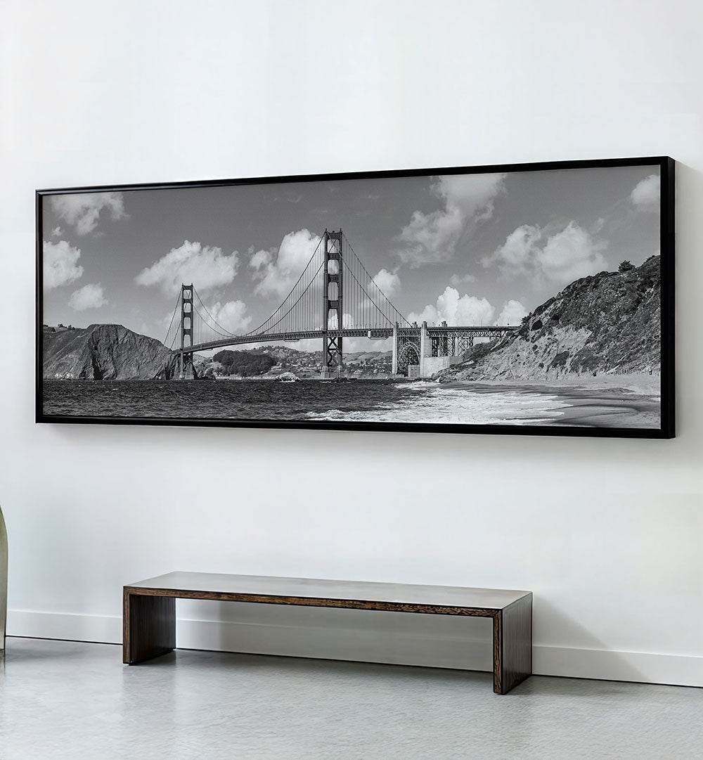 GOLDEN GATE BRIDGE BAKER BEACH MONOCHROME , PANORAMIC ART