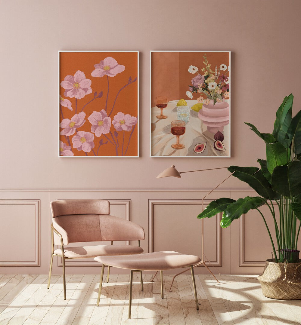 Enhance your space with the GOLDEN HOUR ELEGANCE SET, SET OF 2 PAINTINGS, showcasing vibrant colors and tranquility.