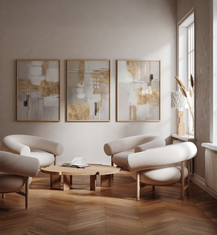 Transform your space with the GOLDEN IMPRESSIONS SET, SET OF 3 PAINTINGS, blending luxury and artistry effortlessly.