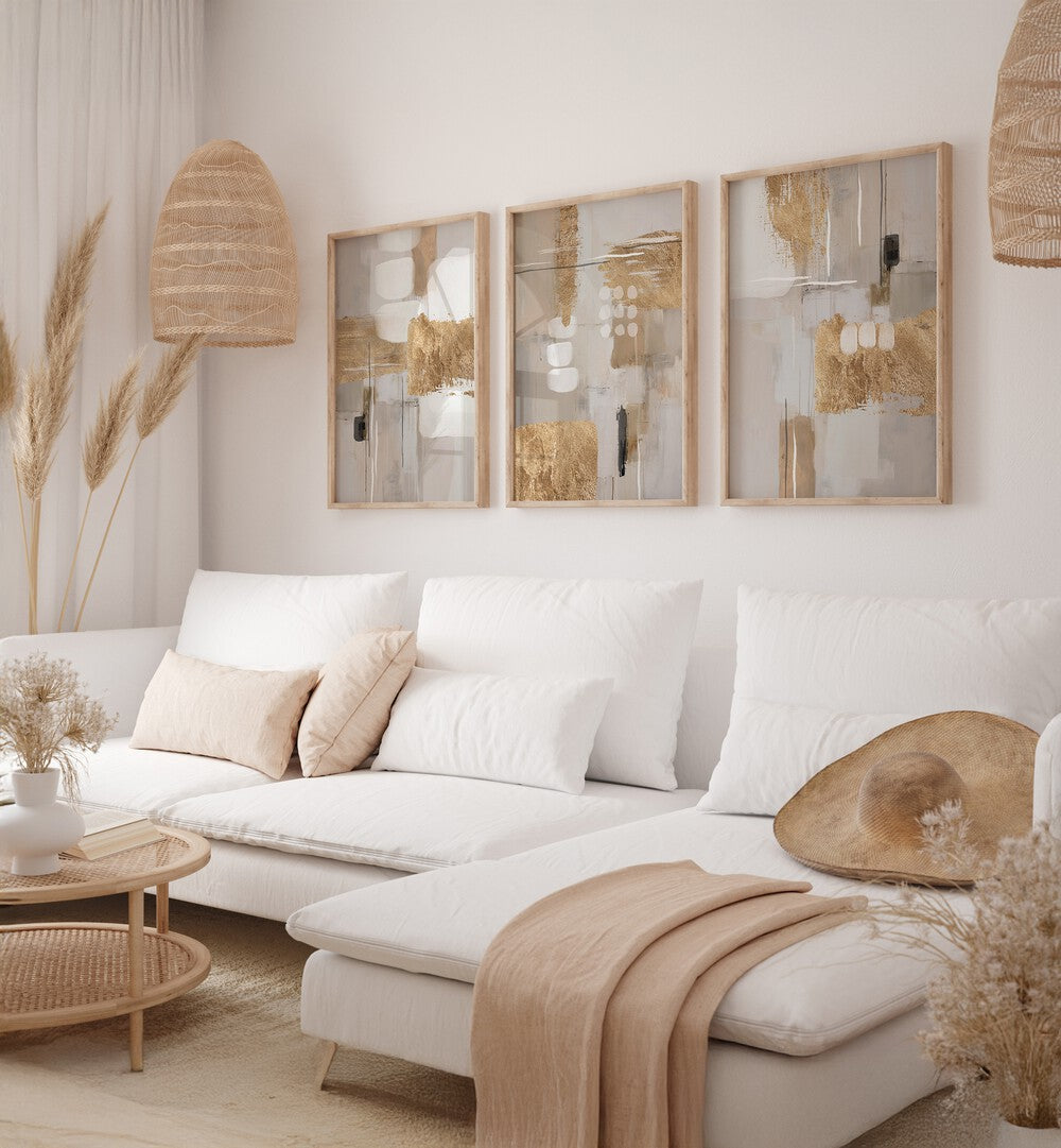 Elevate your decor with the GOLDEN IMPRESSIONS SET, SET OF 3 PAINTINGS, showcasing luxury and artistry.