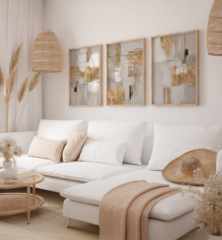 Elevate your decor with the GOLDEN IMPRESSIONS SET, SET OF 3 PAINTINGS, showcasing luxury and artistry.
