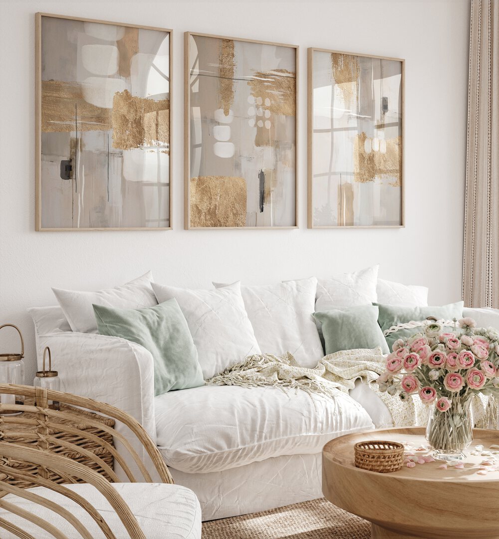Enhance your home decor with the GOLDEN IMPRESSIONS SET, SET OF 3 PAINTINGS, featuring luxury and artistry.