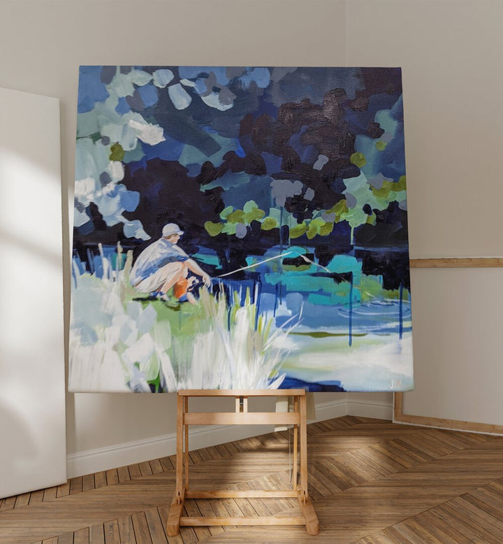Tranquil scene of a fisher by the water, showcasing GONE FISHIN, BEACH PAINTINGS for coastal home decor.