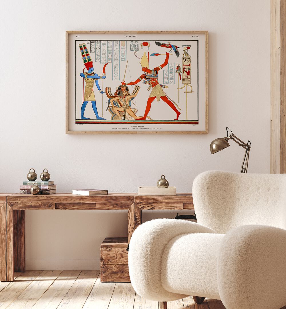 Grand Temple Artwork Egyptian Cultural Art Painting Artwork in plain oakwood frame above a table on a white wall