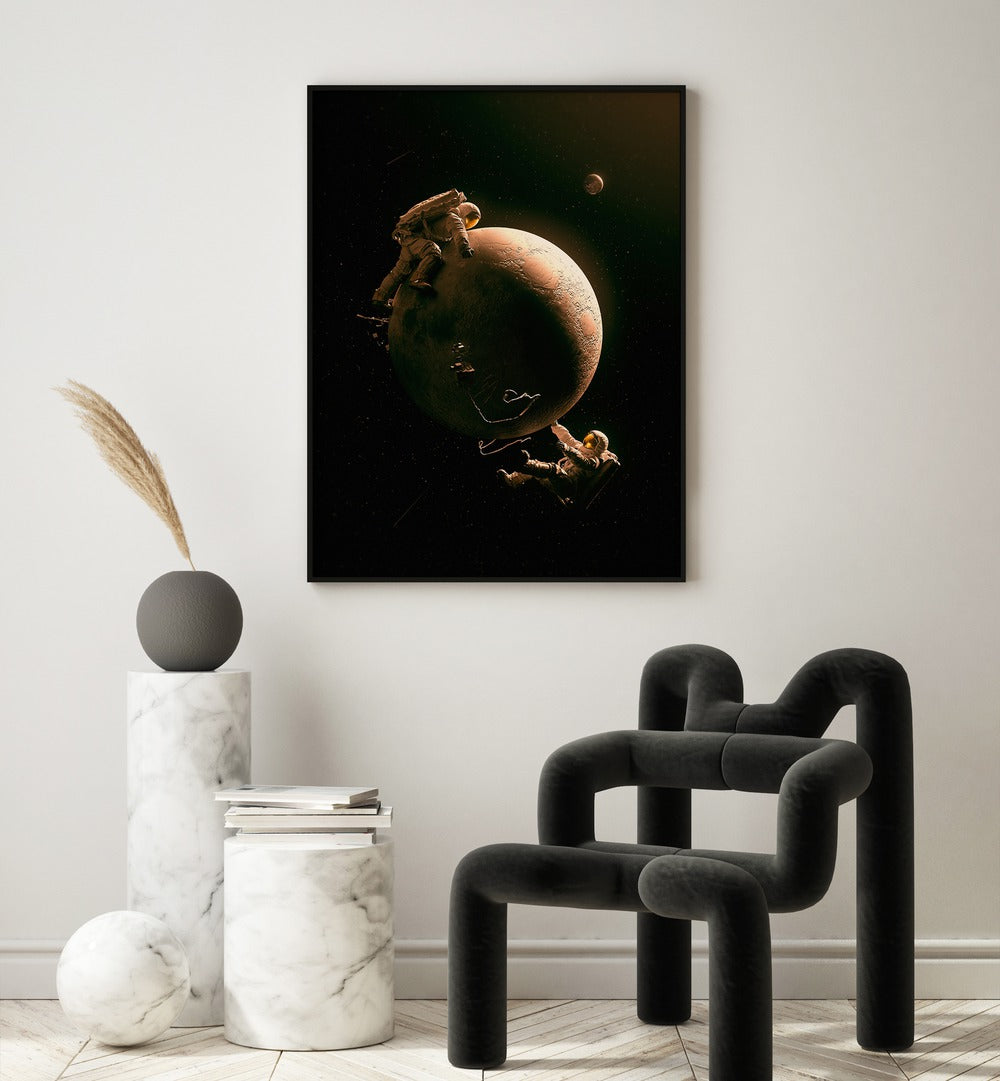 Gravity Play By Francis Minoza Astronaut & Nasa Paintings, Space Art Prints Artwork in Black Plain Frame placed on a White Colored Wall in the Drawing Room
