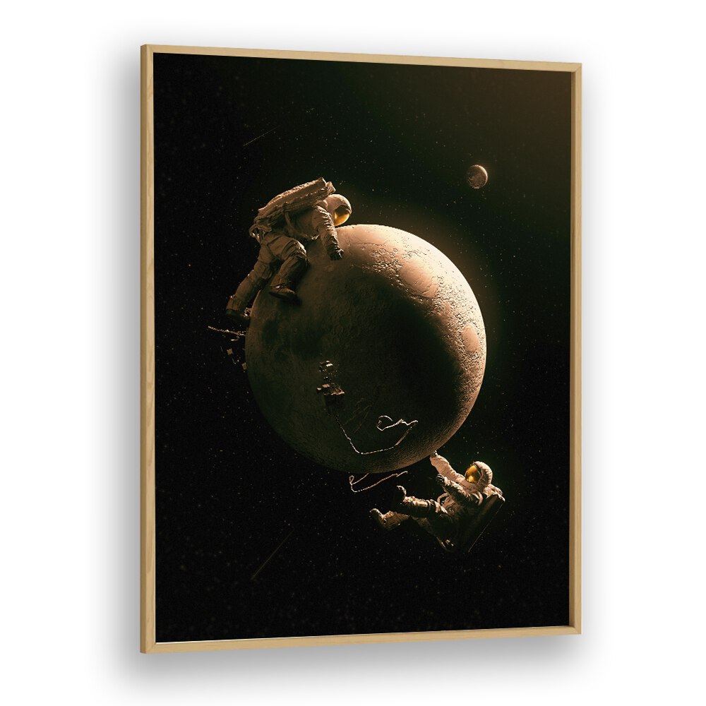 Gravity Play By Francis Minoza Astronaut & Nasa Paintings, Space Art Prints Artwork in Oak Wood Plain Frame
