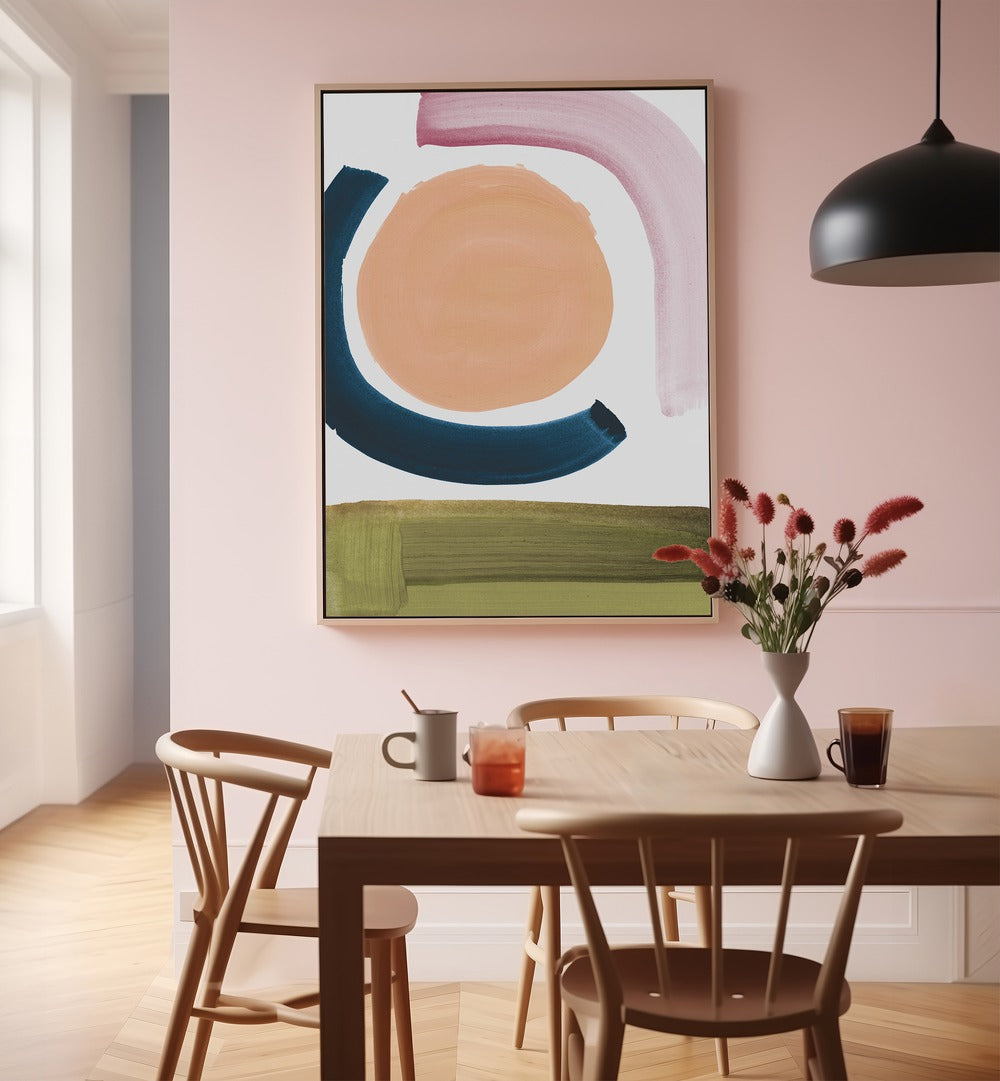 Stylish GRAVITY, ABSTRACT PAINTINGS brighten a modern dining area with vibrant colors and shapes for a captivating look.