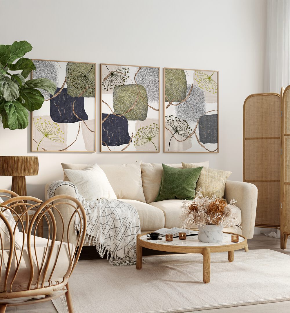 Transform your space with the GRAY GREEN ABSTRACTION SET, SET OF 3 PAINTINGS, showcasing modern elegance and sophistication.