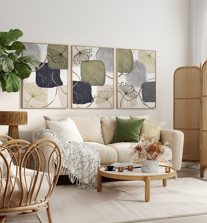 Transform your space with the GRAY GREEN ABSTRACTION SET, SET OF 3 PAINTINGS, showcasing modern elegance and sophistication.