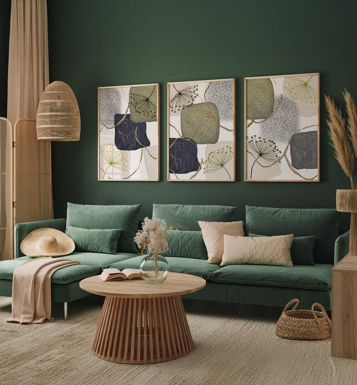 Stylish GRAY GREEN ABSTRACTION SET, SET OF 3 PAINTINGS adds modern elegance to your living space. Perfect for any room.
