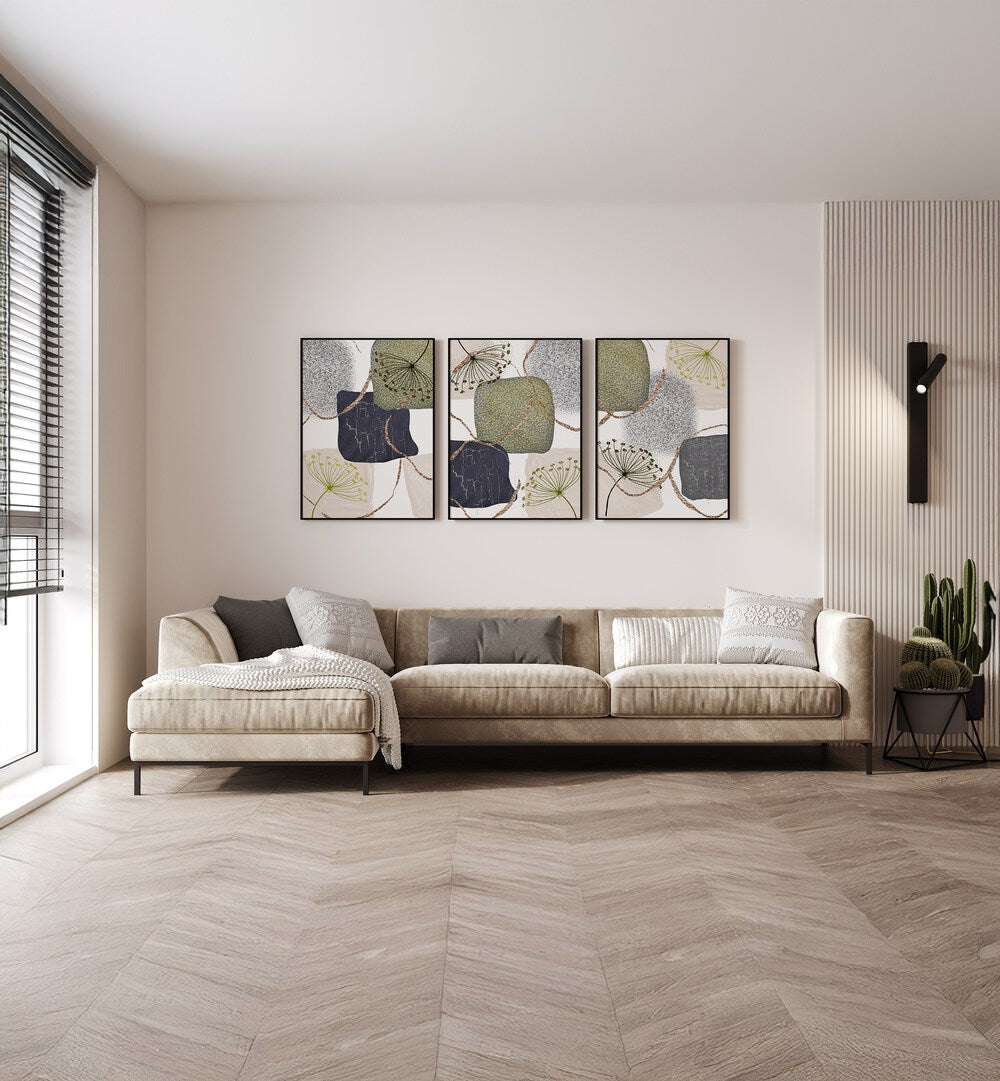 Stunning GRAY GREEN ABSTRACTION SET, SET OF 3 PAINTINGS adds modern elegance to any living space decor.