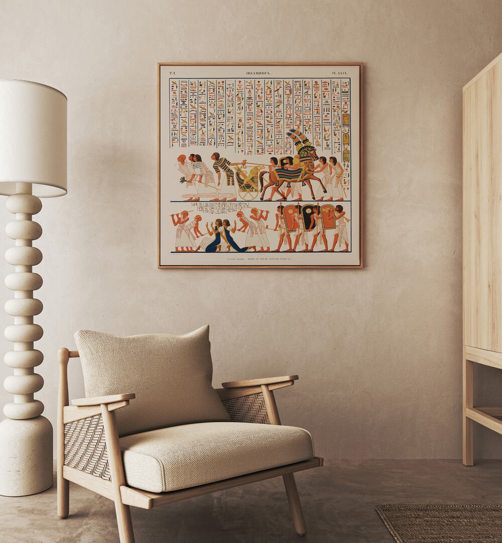 Great Speos Artwork Egyptian Cultural Art Painting Artwork in oakwood floater frame behind a chair on beige colour wall