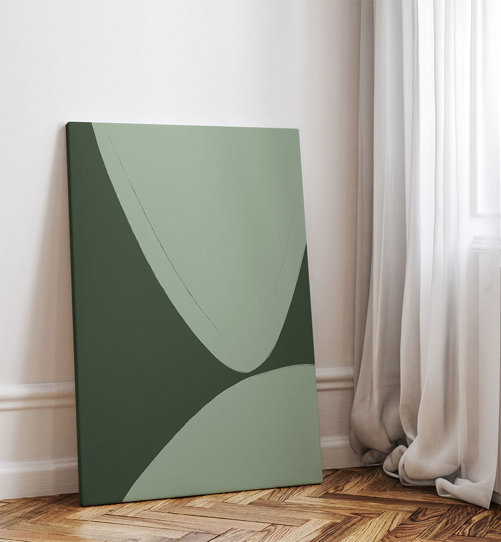 GREEN CURVED SHAPES , ABSTRACT PAINTINGS