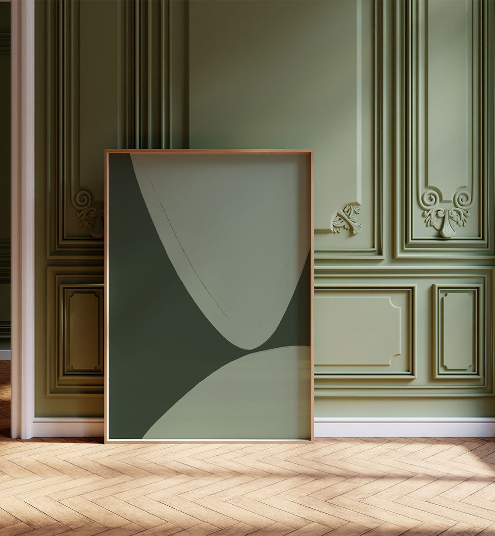 GREEN CURVED SHAPES , ABSTRACT PAINTINGS