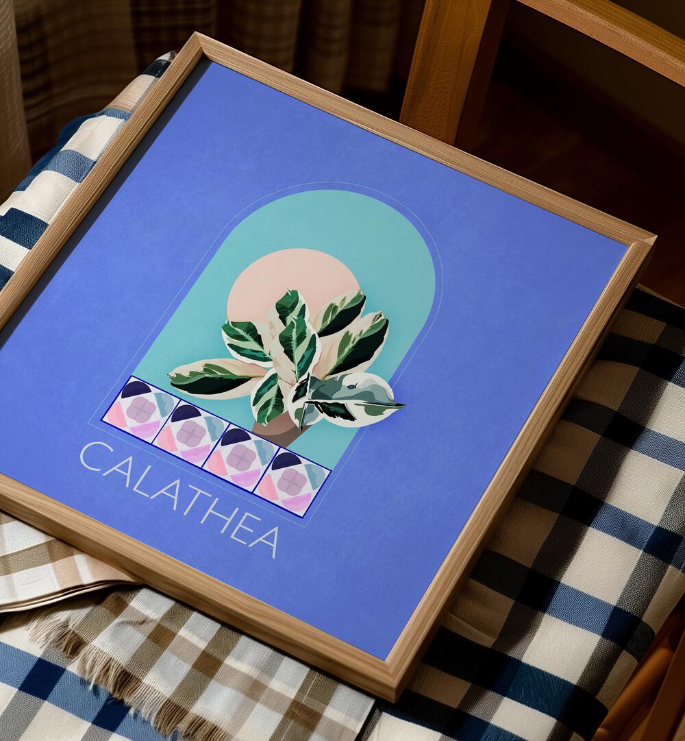 Green Sets Calathea Botanical Flower Paintings Artwork Placed On a Table