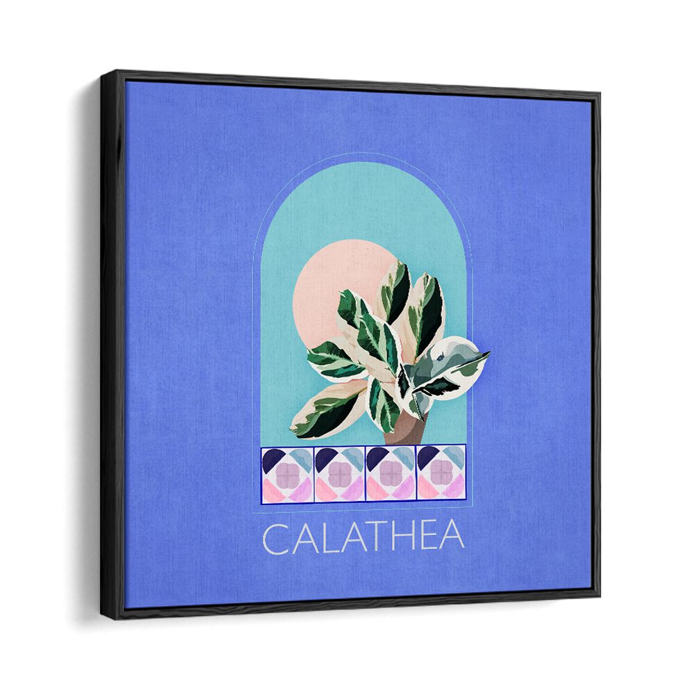 Green Sets Calathea  Botanical Flower Paintings Artwork  in Black Floater Frame