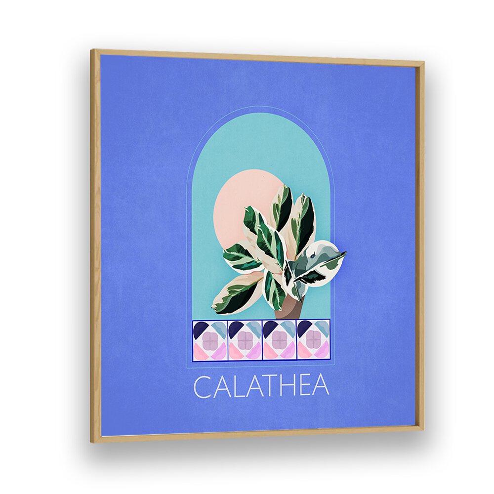 Green Sets Calathea Botanical Flower Paintings Artwork in Oak Wood Plain Frame