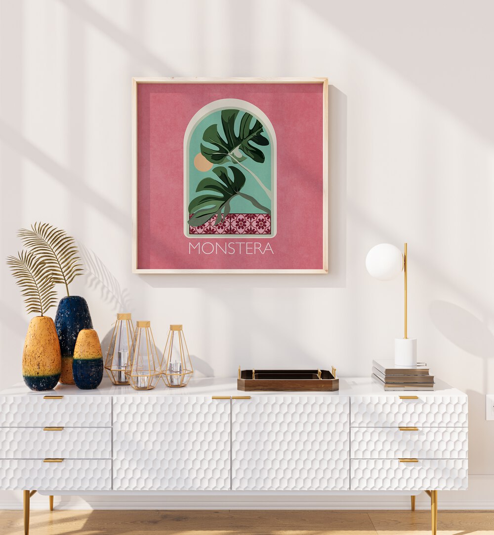 Green Sets Monstera  Botanical Flower Paintings Artwork Placed on a wall